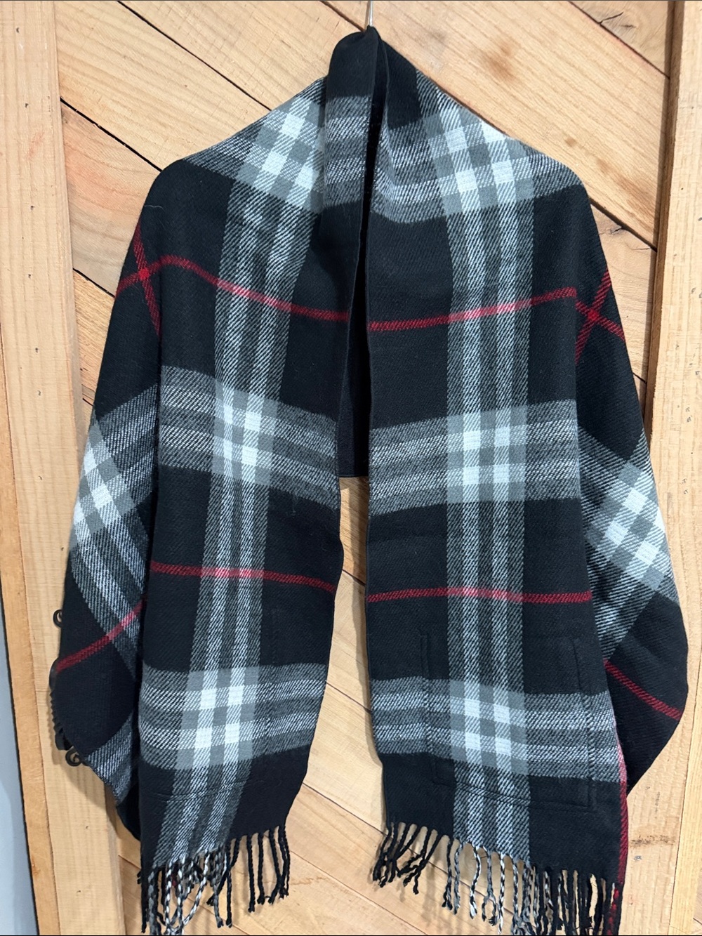 Black Plaid am Shawl with Gray and Red Accents